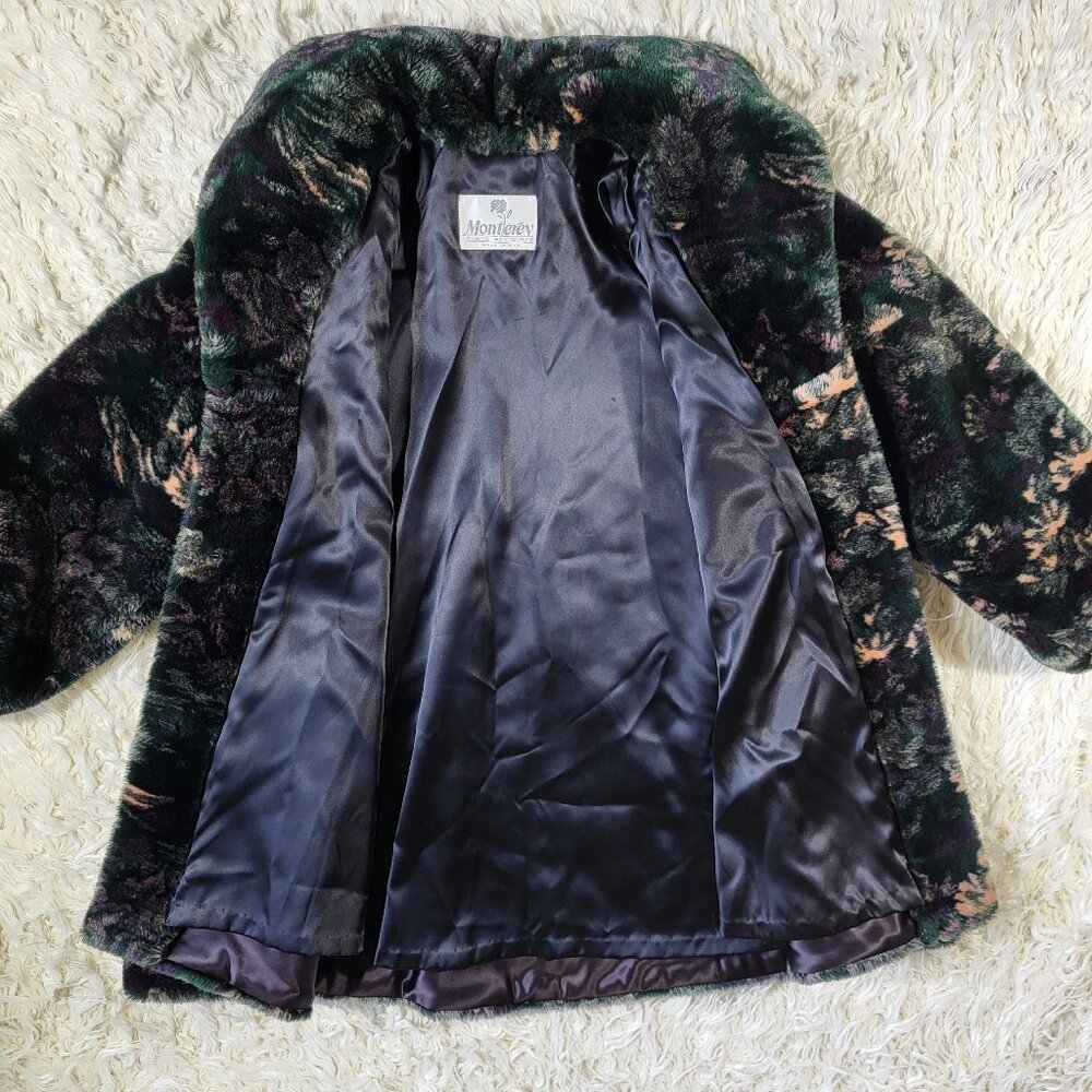 Vintage Monterey Fashions Faux Fur Black Leaf Swing Coat Jacket Medium - Picture 14 of 15